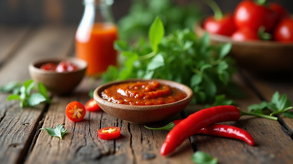 Eye-level view of a wooden table with various chili sauces and fresh herbs