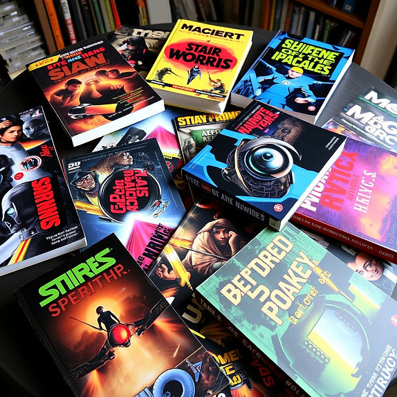 Colorful, sci-fi books scattered across a table..jpg