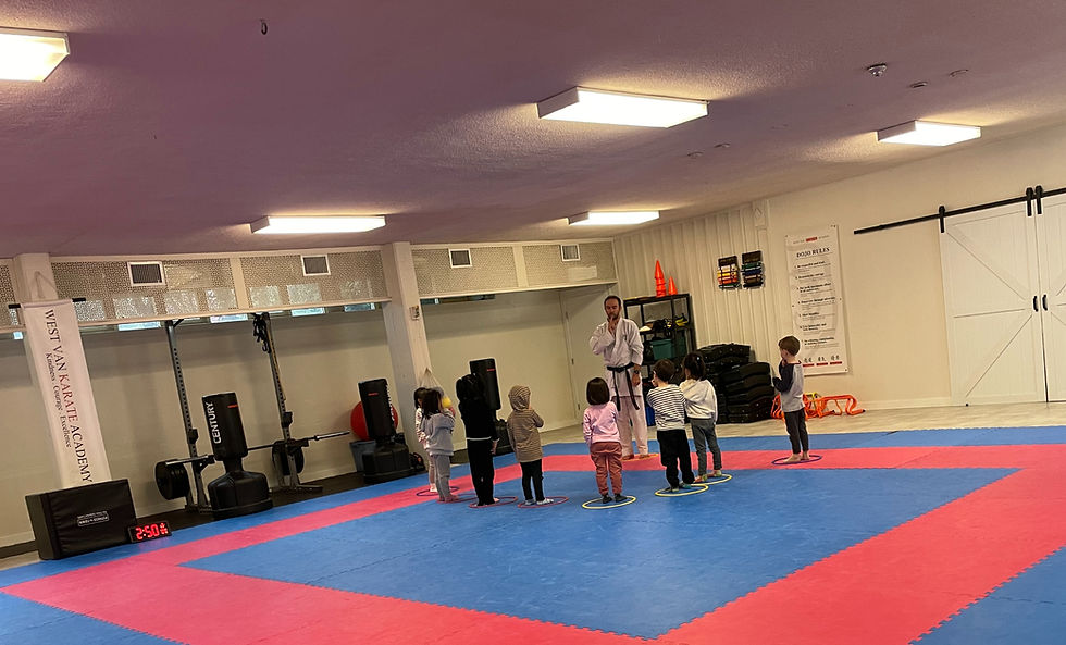 One Group of Treetops Montessori children in Karate class with Mr Matt in West Vancouver - in the gym