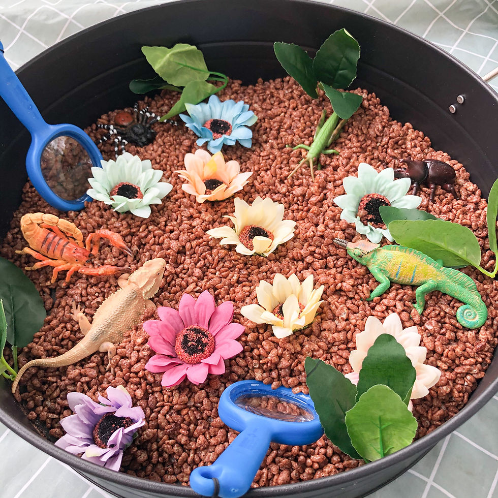 Sensory bin: reptiles, insects, flowers in brown rice cereal