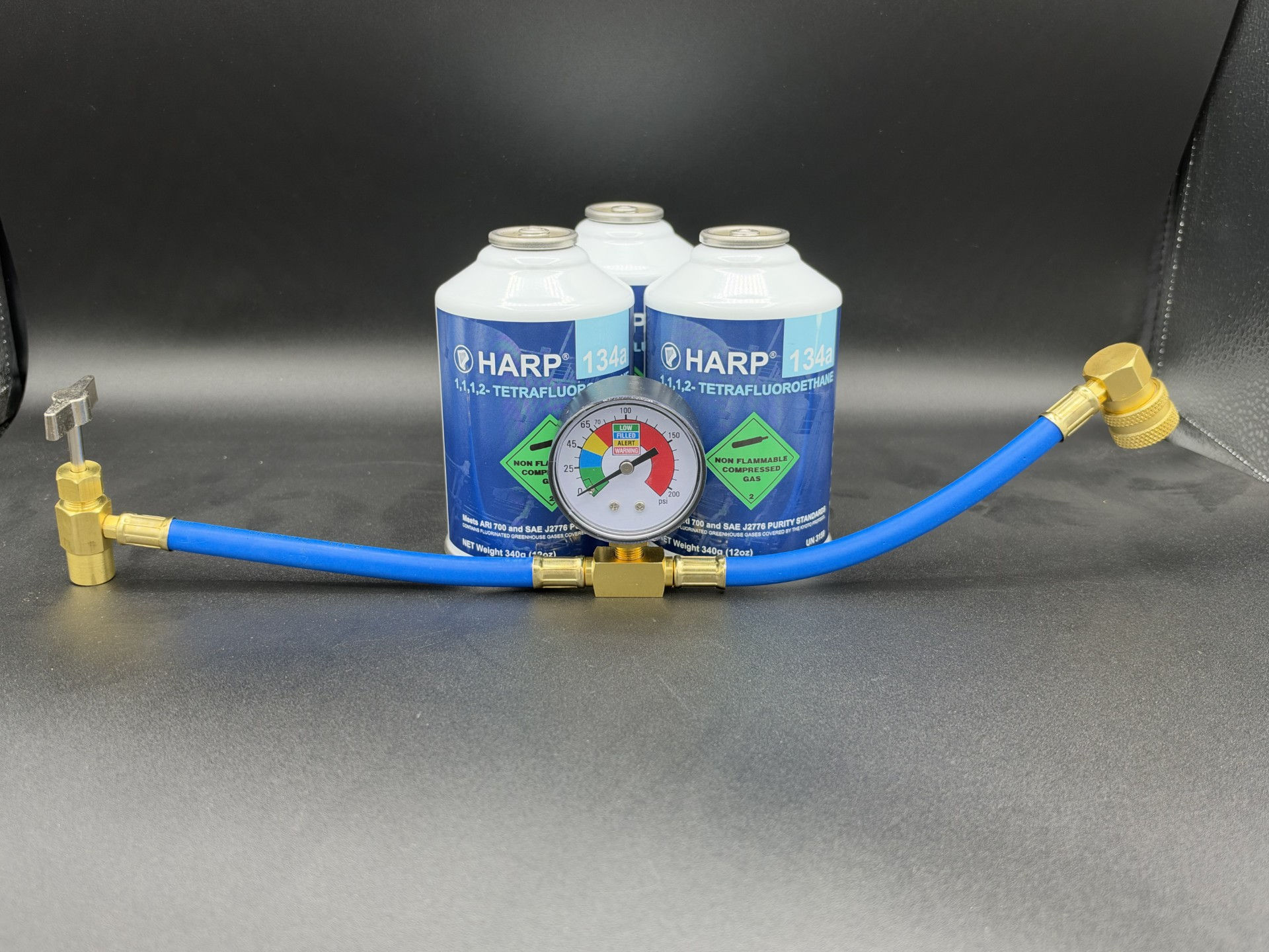 Harp R134a Refrigerant in 12oz cans (3 cans) with Charging Gauge