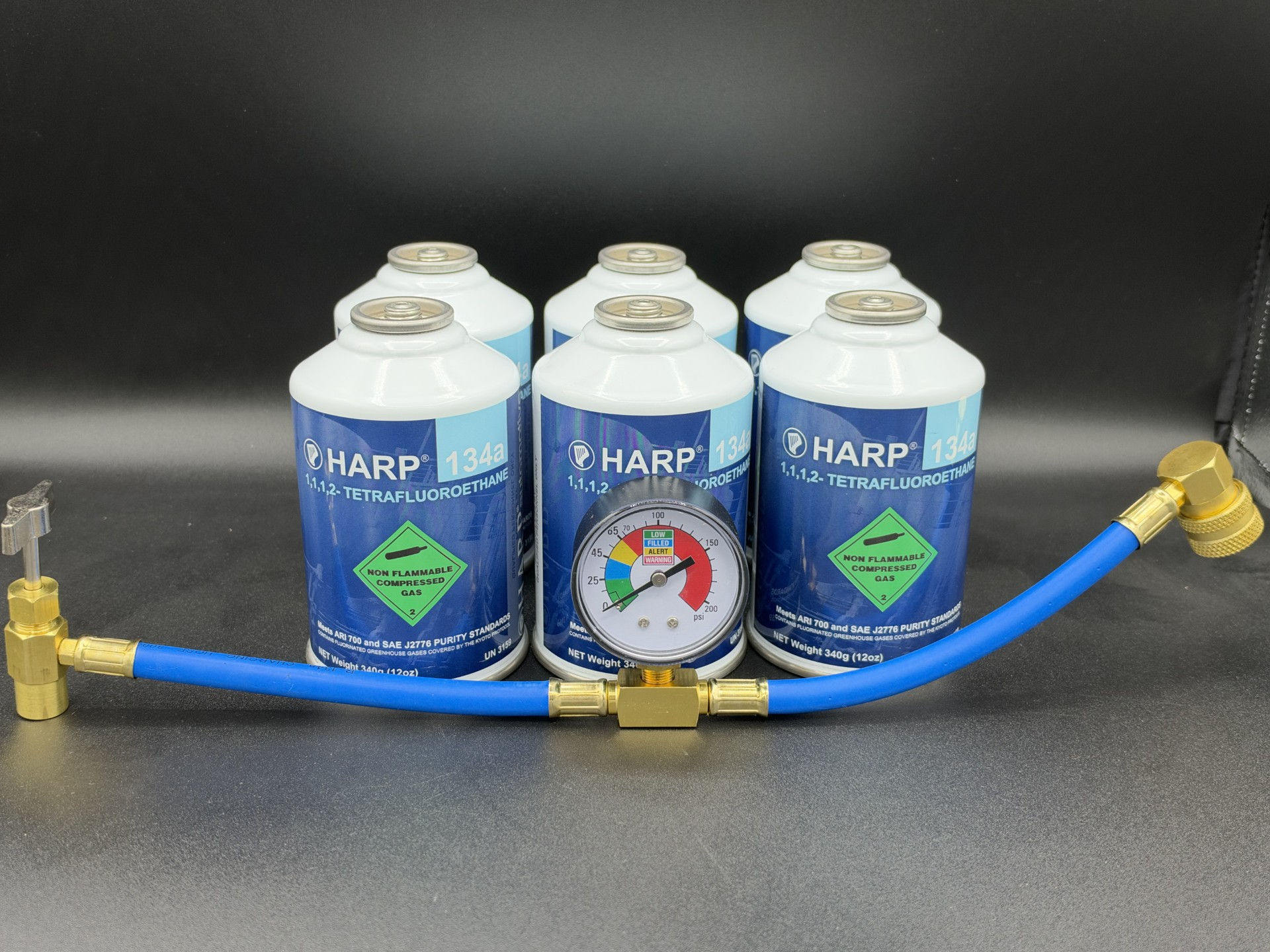 HARP R134a Refrigerant 12 oz Cans –6 cans and Charging Gauge
