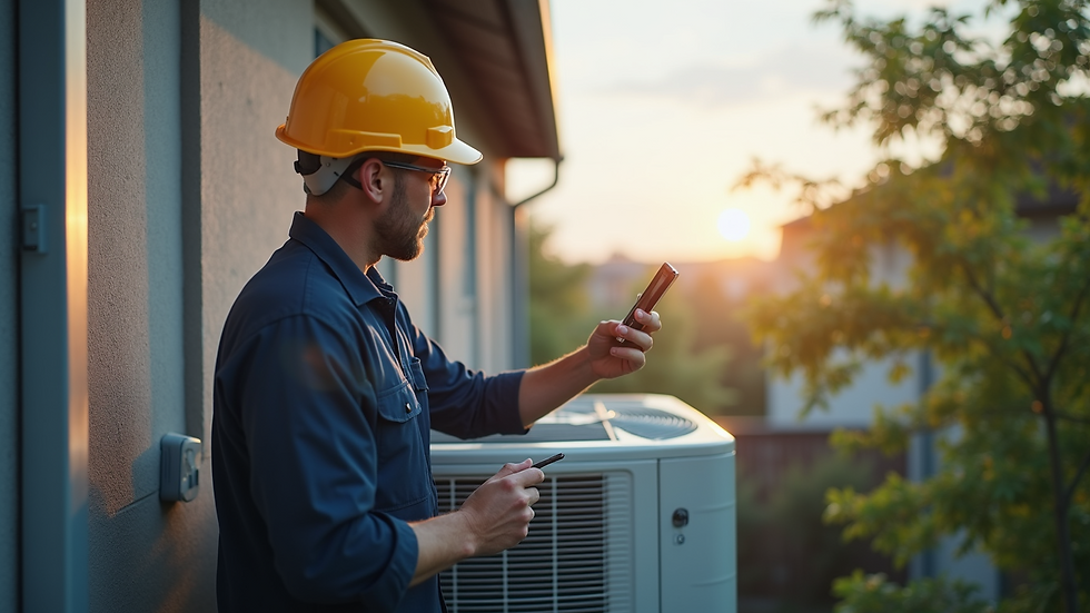 Eye-level view of technician inspecting outdoor air conditioning unit