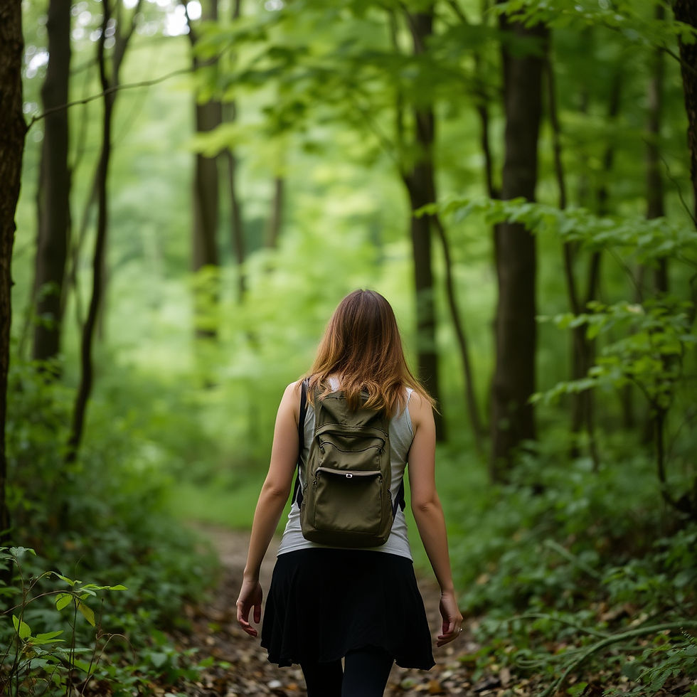 Eye-level view of a serene forest path surrounded by tall trees