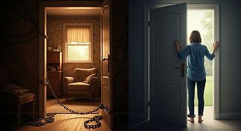 person leaving room full of darkness to move to light