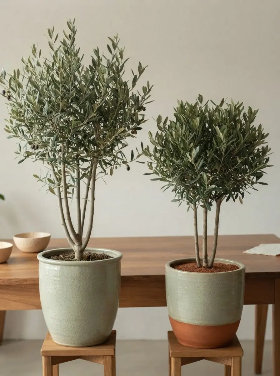 Packshot photography of two potted olive trees on a wooden table. The plants bring a natural, serene aesthetic to the indoor setting.