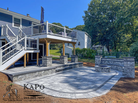 Cambridge Ledgestone Limestone Quarry Blend Patio with Firepit and Seating Wall including Pillars done in Plantsville CT Custom Design Patios and Masonry Work in Connecticut Free Estimates local