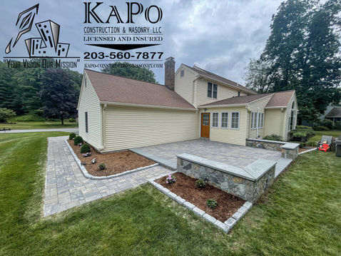 Paver Patio Unilock Beacon Hill Smooth Fossil with Bluestone Seating Walls Stone Work done in Cheshire CT
