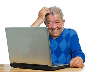 Elderly gentleman laughing with laptop. Online personal therapy appointment. Laughter Therapy.