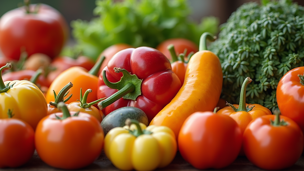 Close-up view of a variety of colorful fruits and vegetables