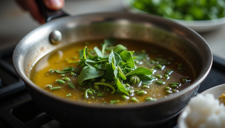 Close-up view of a small saucepan with herbs and olive oil simmering gently
