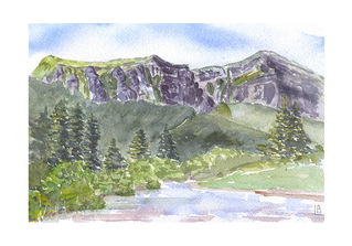 Purple-cliffed mountain above forested river in watercolor