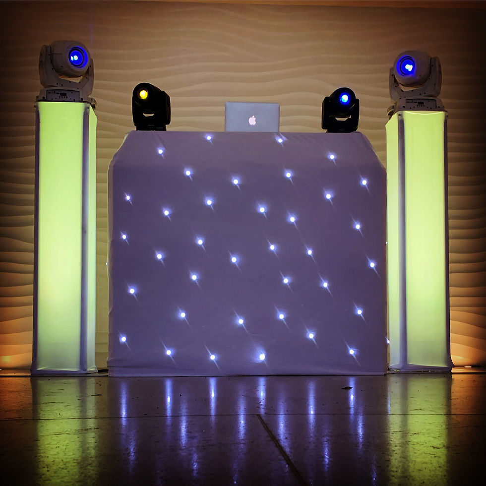 Small DJ and Pa set up with moving lights. Prop Hire, Event prop, wedding prop, event pa hire, south west, south devon