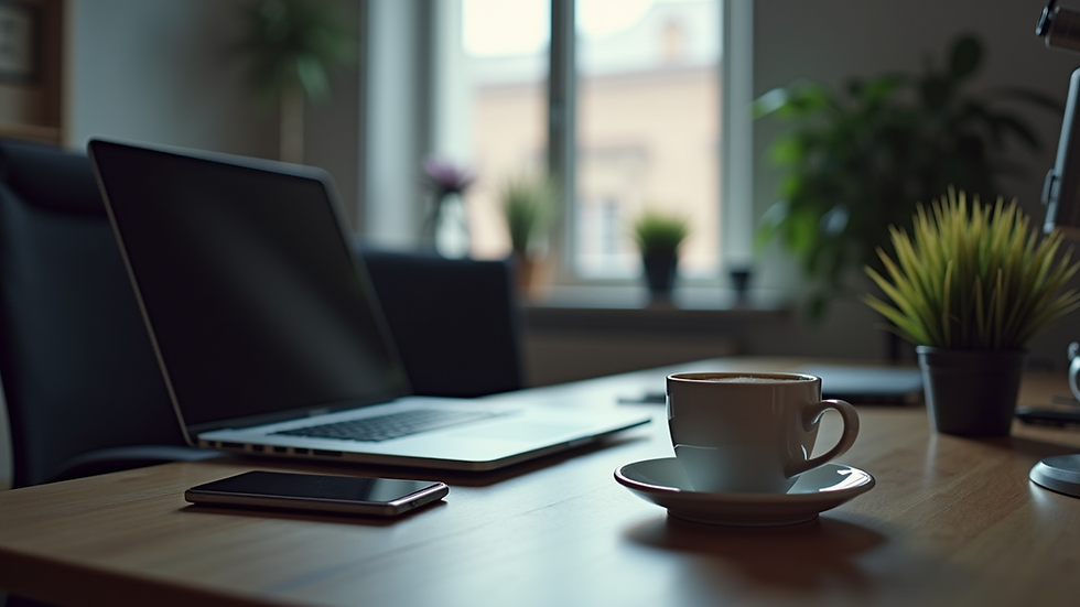 Eye-level view of a modern office desk with a laptop and coffee cup