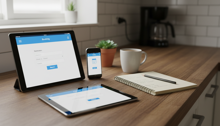 Wide-angle view of a tablet and phone displaying a simple booking page beside a notebook