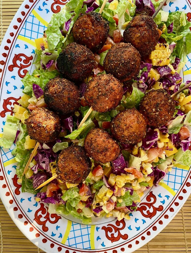Backyard BBQ Chopped Salad with Grilled PlantBased Meatballs