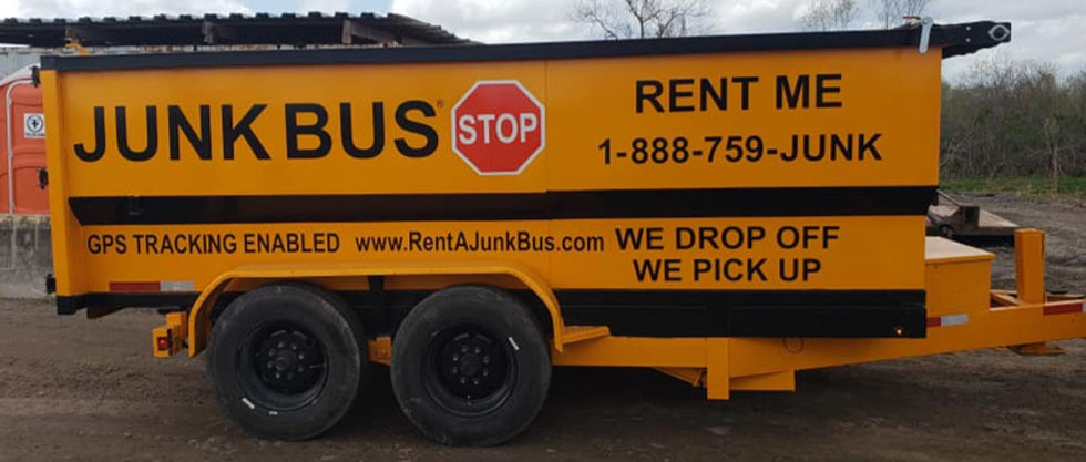 Yellow Junk Bus trailer reads Rent Me, GPS tracking, drop off, pick up.