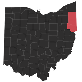 Map of Ohio with Mahoning, Columbiana, and Trumbull Counties highlighted in Red