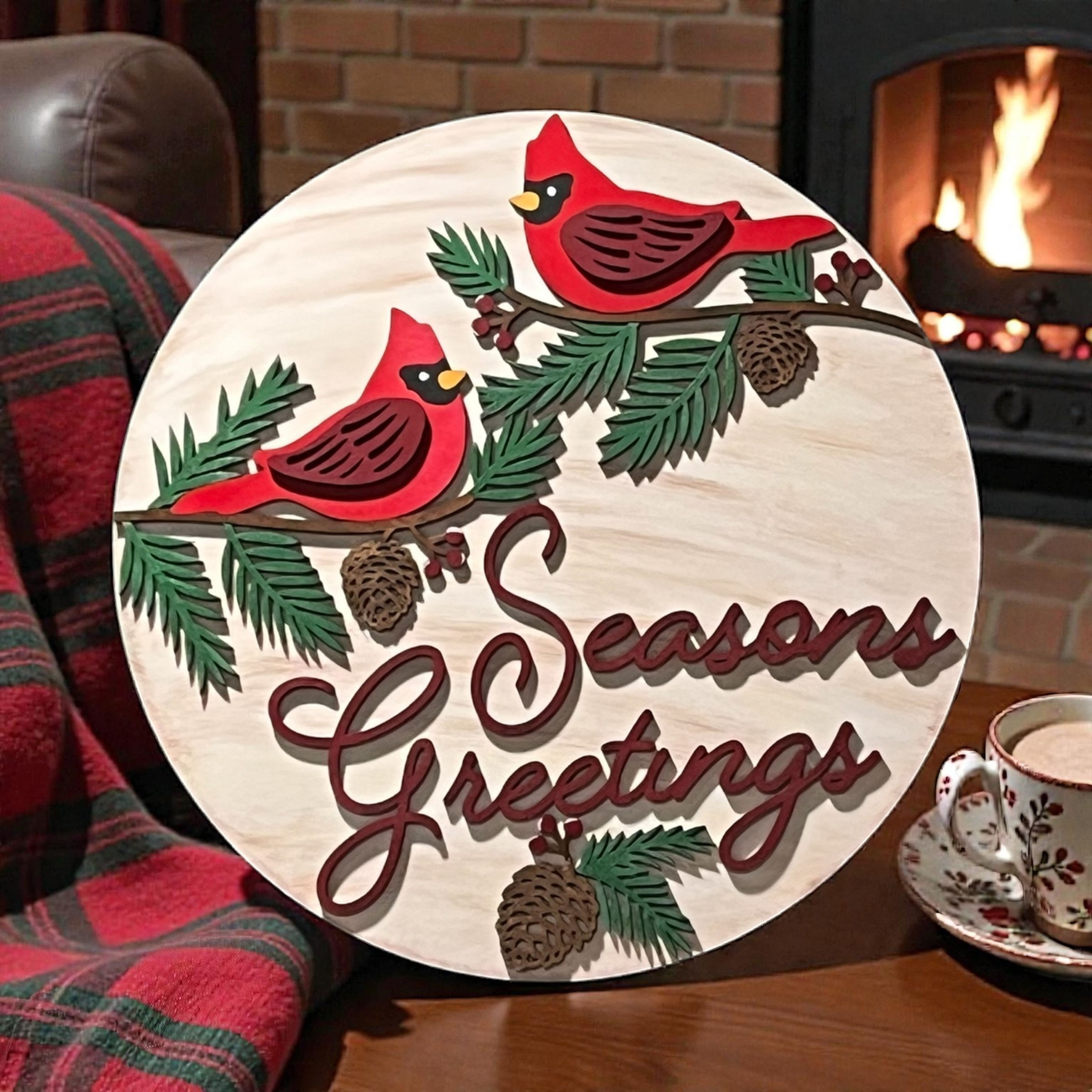 Cardinal Season's Greetings Wood Round Door Sign