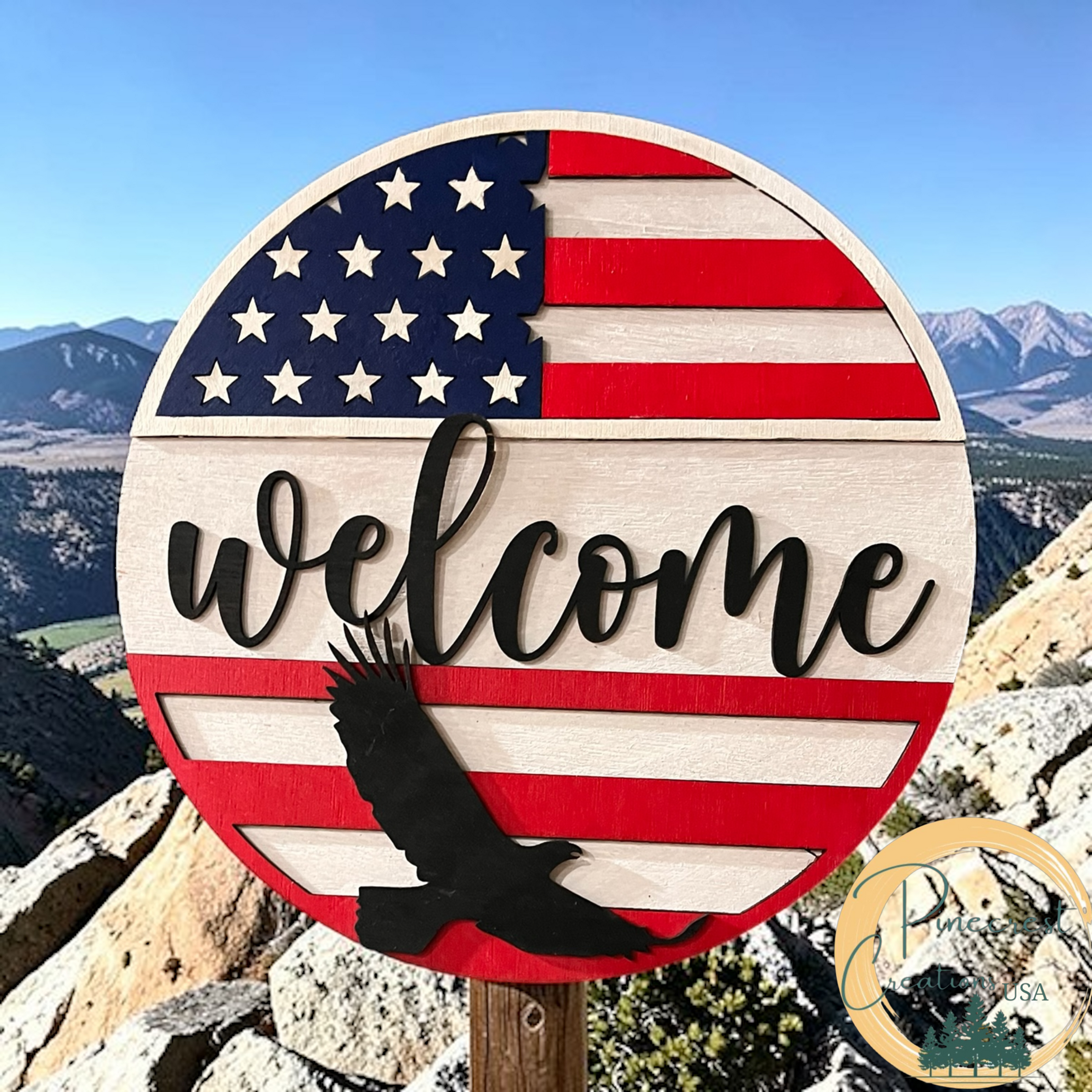 “Welcome” round wooden wall sign with American flag, eagle silhouette, and patriotic stripes — patriotic decor, DIY or Finish