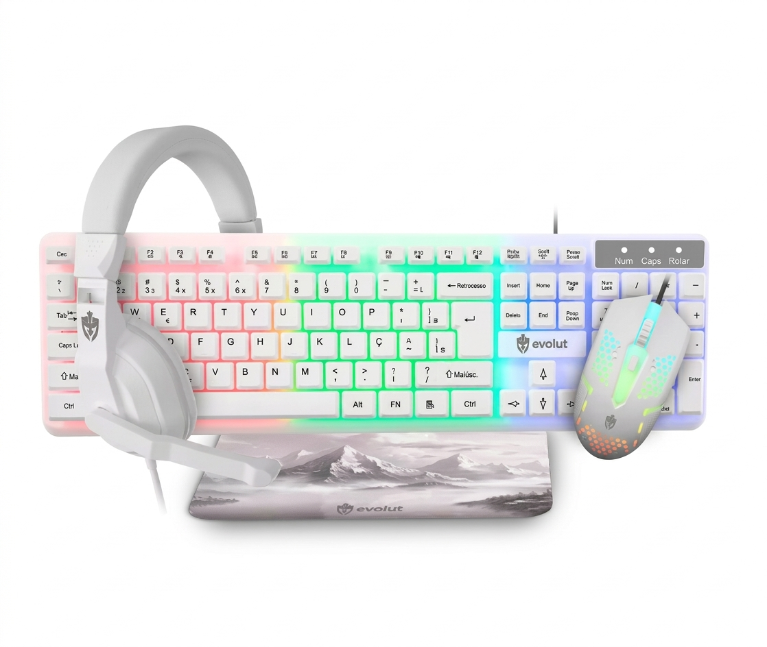 KIT GAMER BRANCO COM TECLADO MEMBRANA, MOUSE COM 1600 DE DPI, HEADSET E MOUSE.