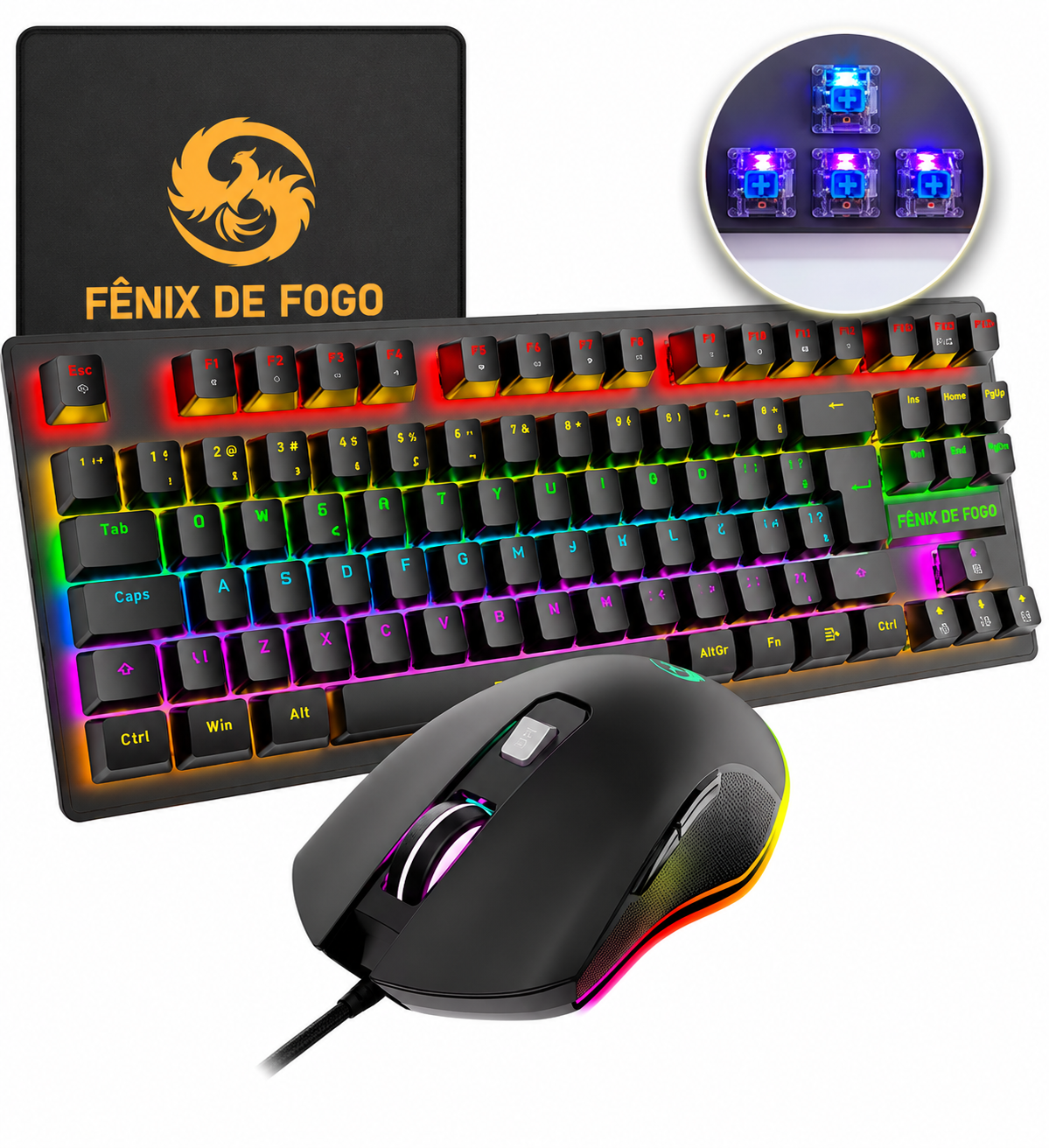 Kit De Teclado Mecânico E Mouse Gamer 3200 Dpi Com Fio Abnt2 Iluminação Led Rgb