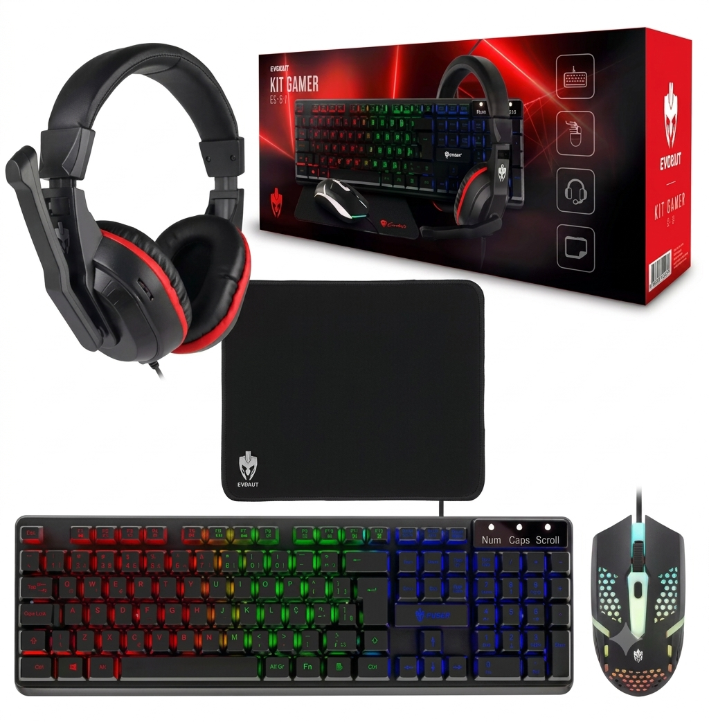 KIT GAMER PRETO COM TECLADO MEMBRANA, MOUSE 1600 DE DPI, HEADSET E MOUSEPAD EG-5