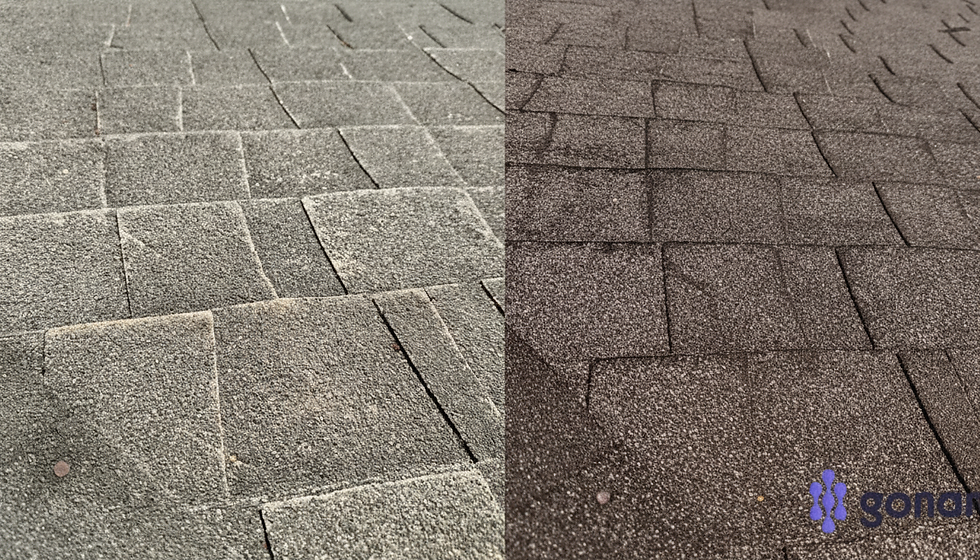 Before and After close-up photos of aged shingles treated with GoNano.