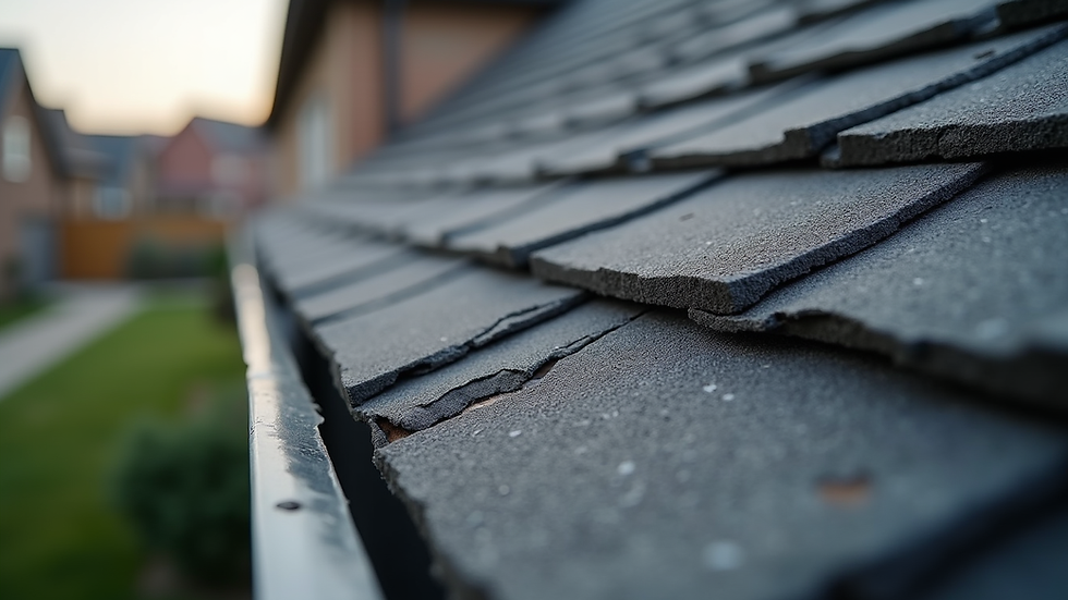 Close-up view of damaged asphalt shingles on a residential roof