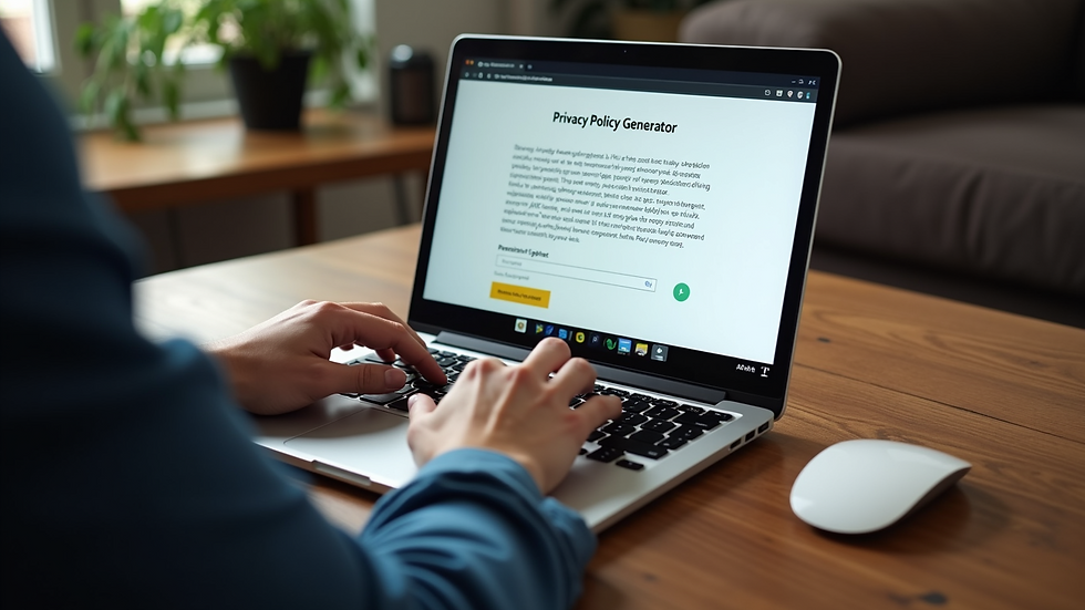 High angle view of a person using a laptop with a privacy policy generator website open