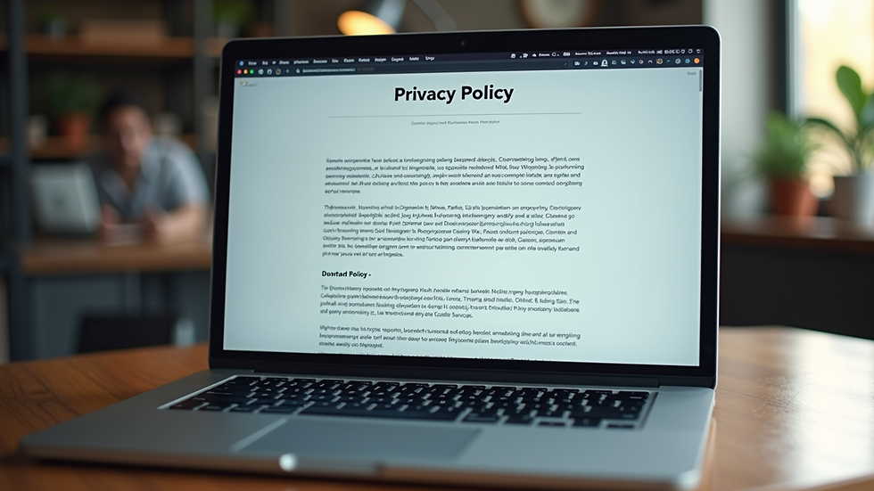 Eye-level view of a laptop screen displaying a privacy policy document