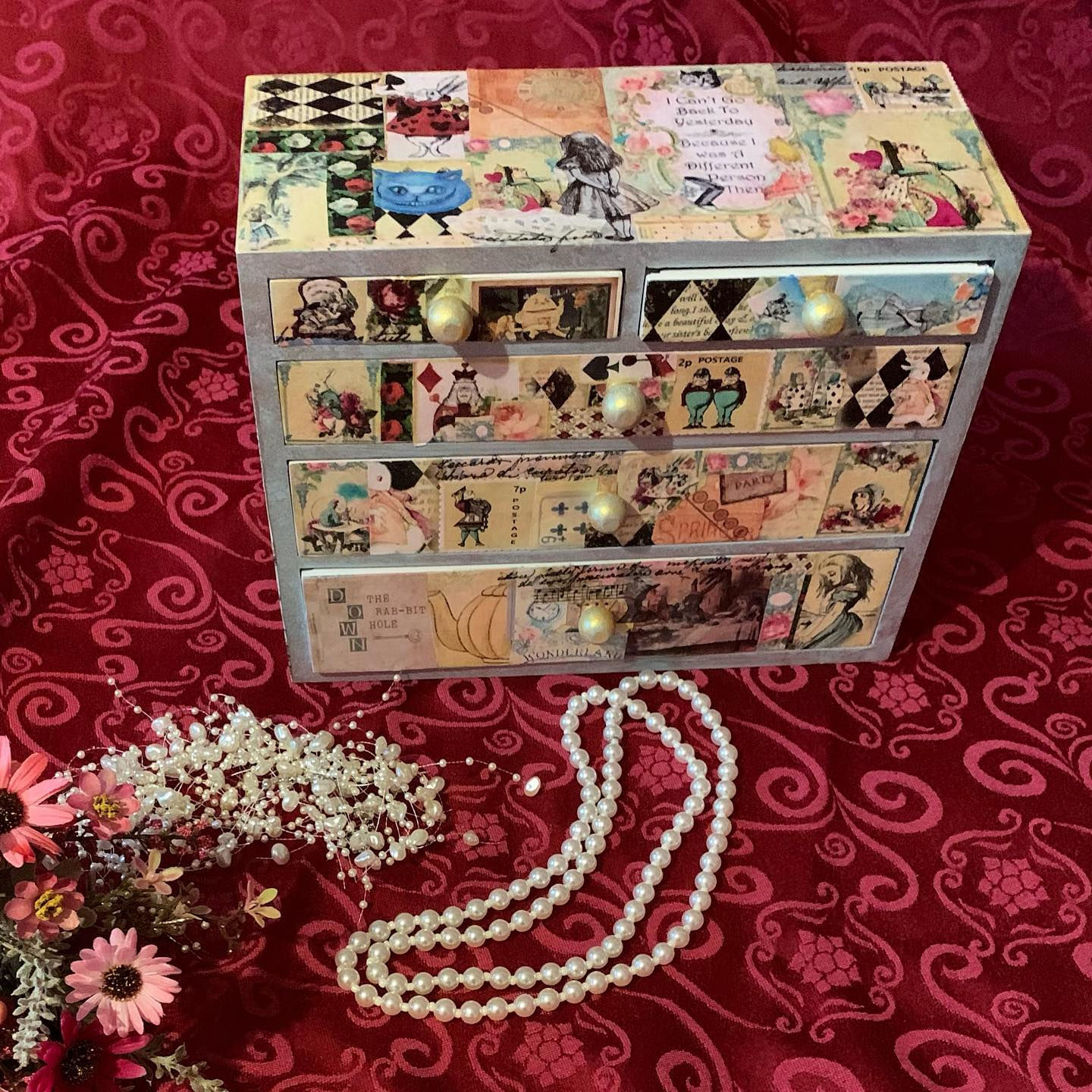 Alice In Wonderland Trinket box/drawers - Upcycled with Decoupage