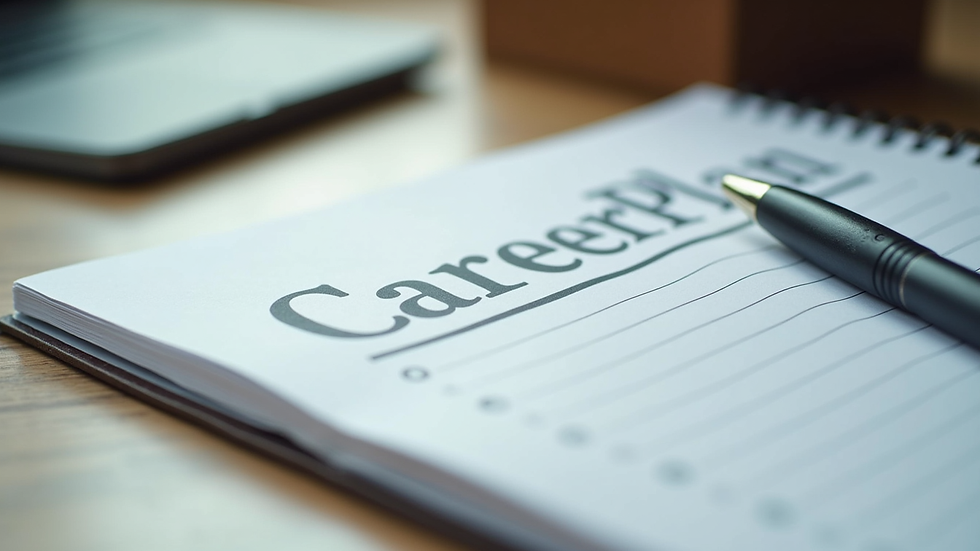 Close-up view of a notebook with a career plan and a pen