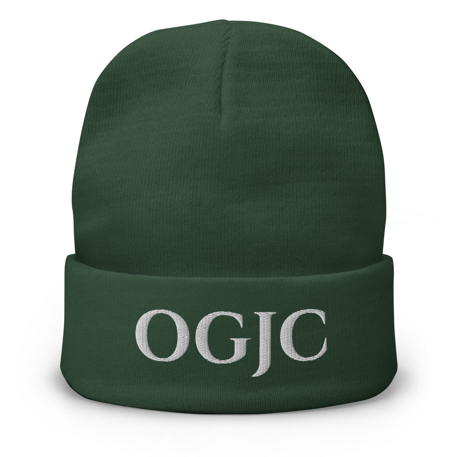 Image of a green embroidered OGJC Ministries beanie