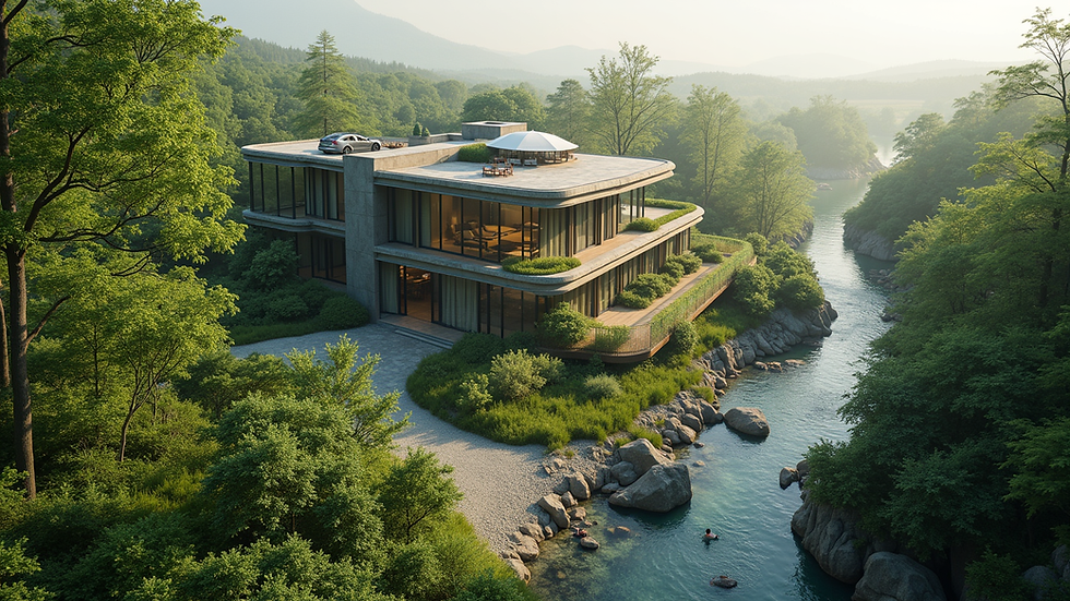 High angle view of a modern eco-friendly building surrounded by greenery