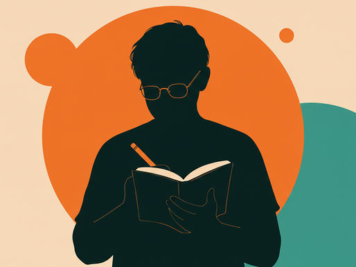 Silhouette of a person writing in a notebook against overlapping orange and teal circles, symbolizing focus, planning, and reflection.