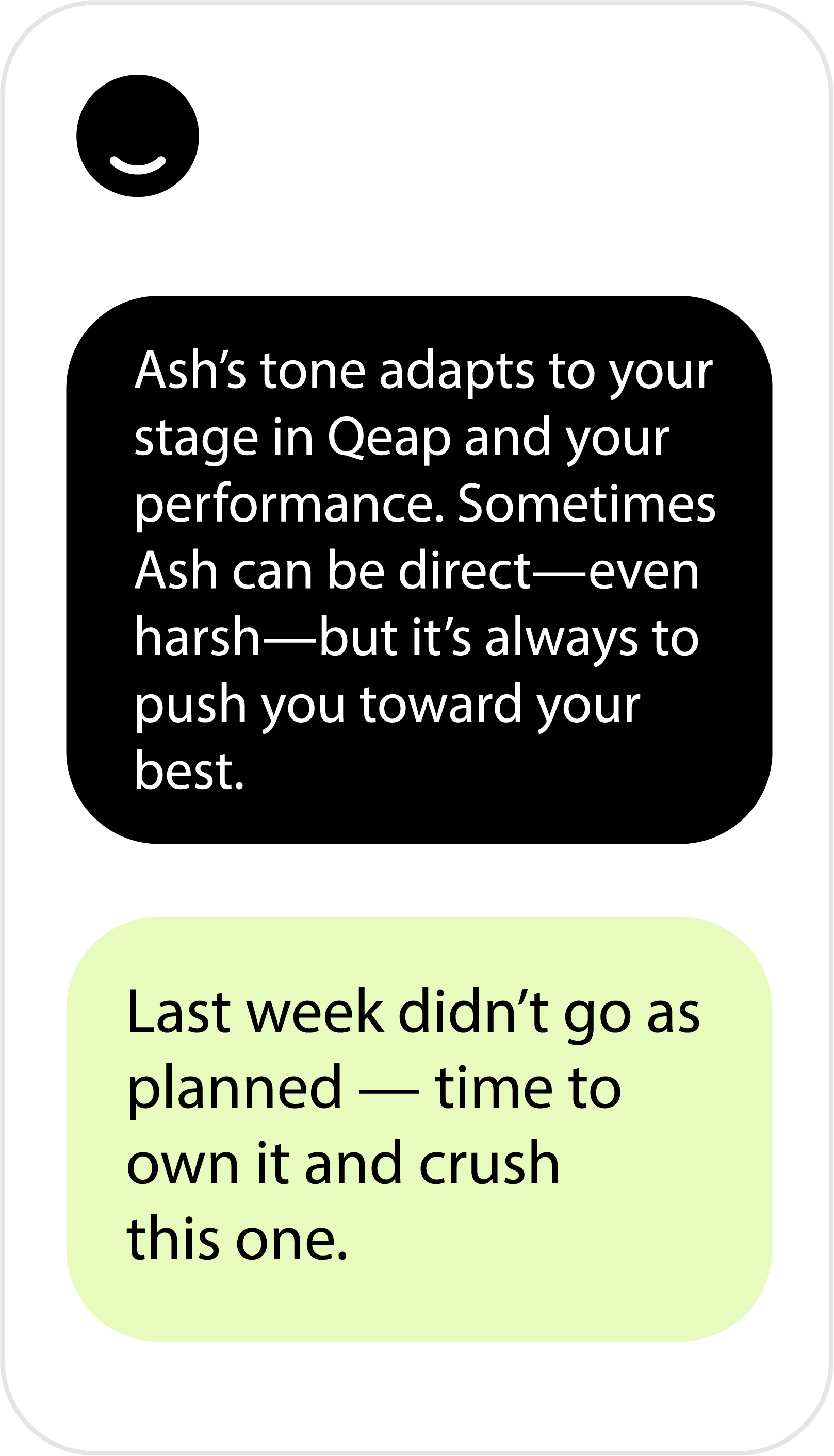 Screenshot of an Ash message in the Qeap app, showing the friendly, motivational tone of its built-in AI productivity coach.