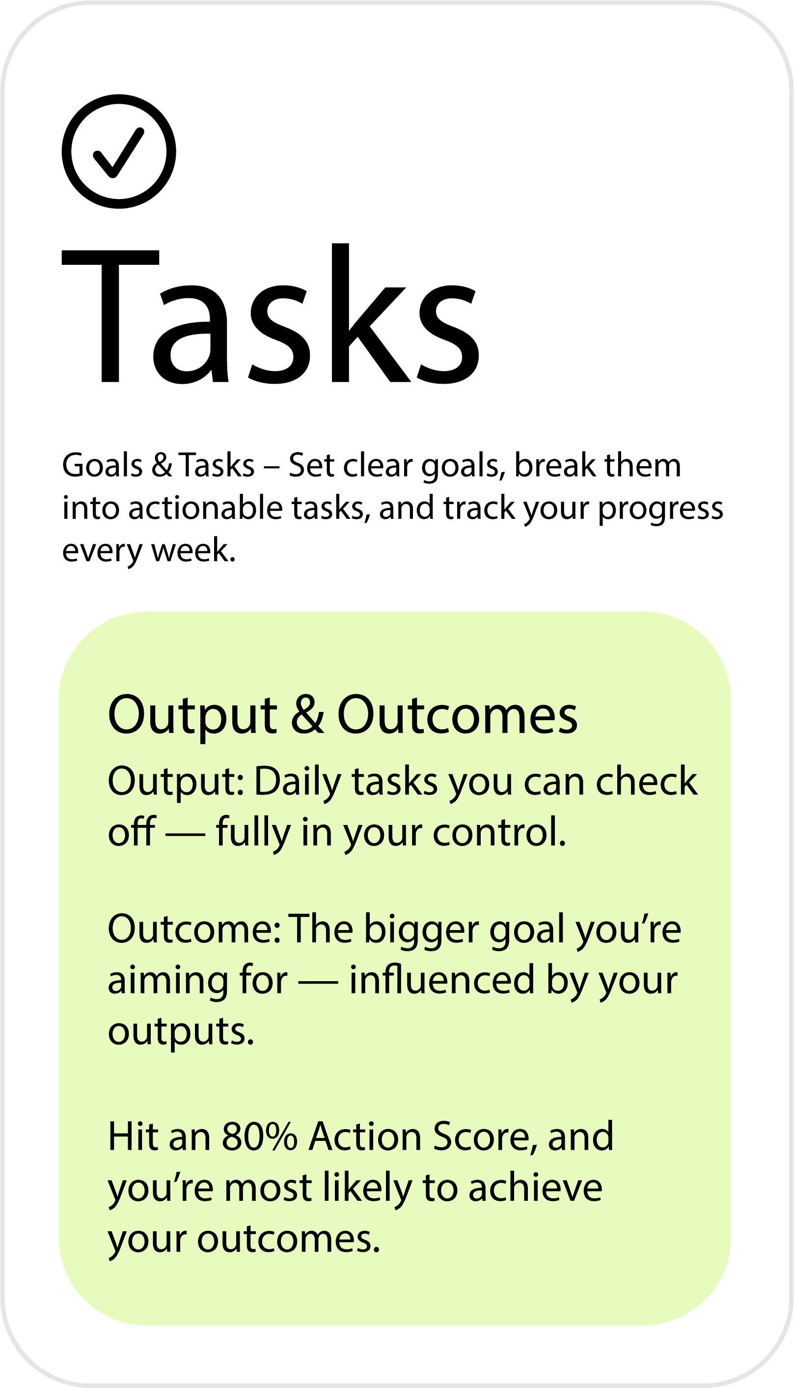 Illustration showing the difference between output tasks (the work done) and outcome tasks (the results achieved) in the Qeap