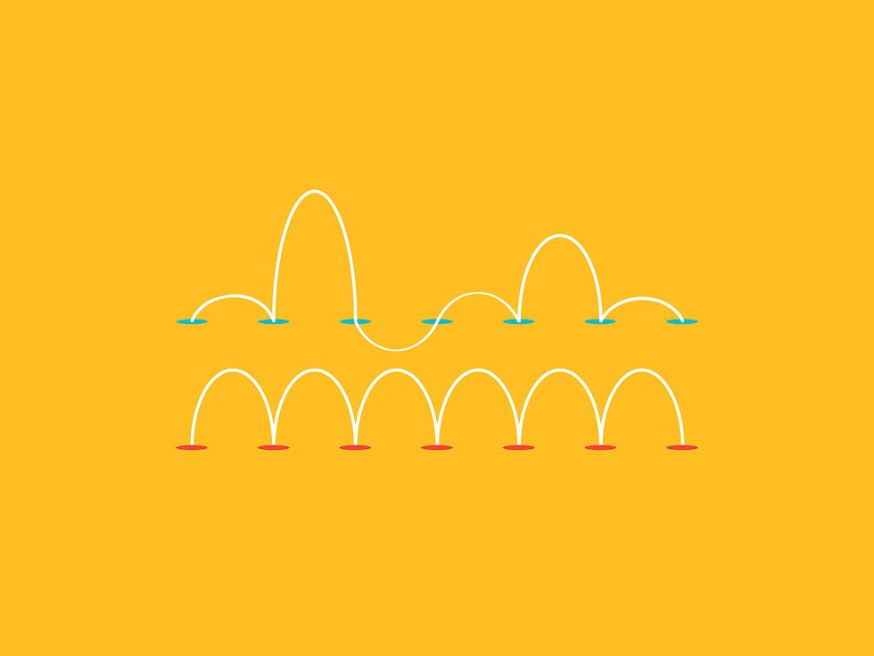 Minimal vector on yellow background showing erratic “motivation” bounce (top, teal) vs steady “discipline” bounce (bottom, red) to symbolize consistency.