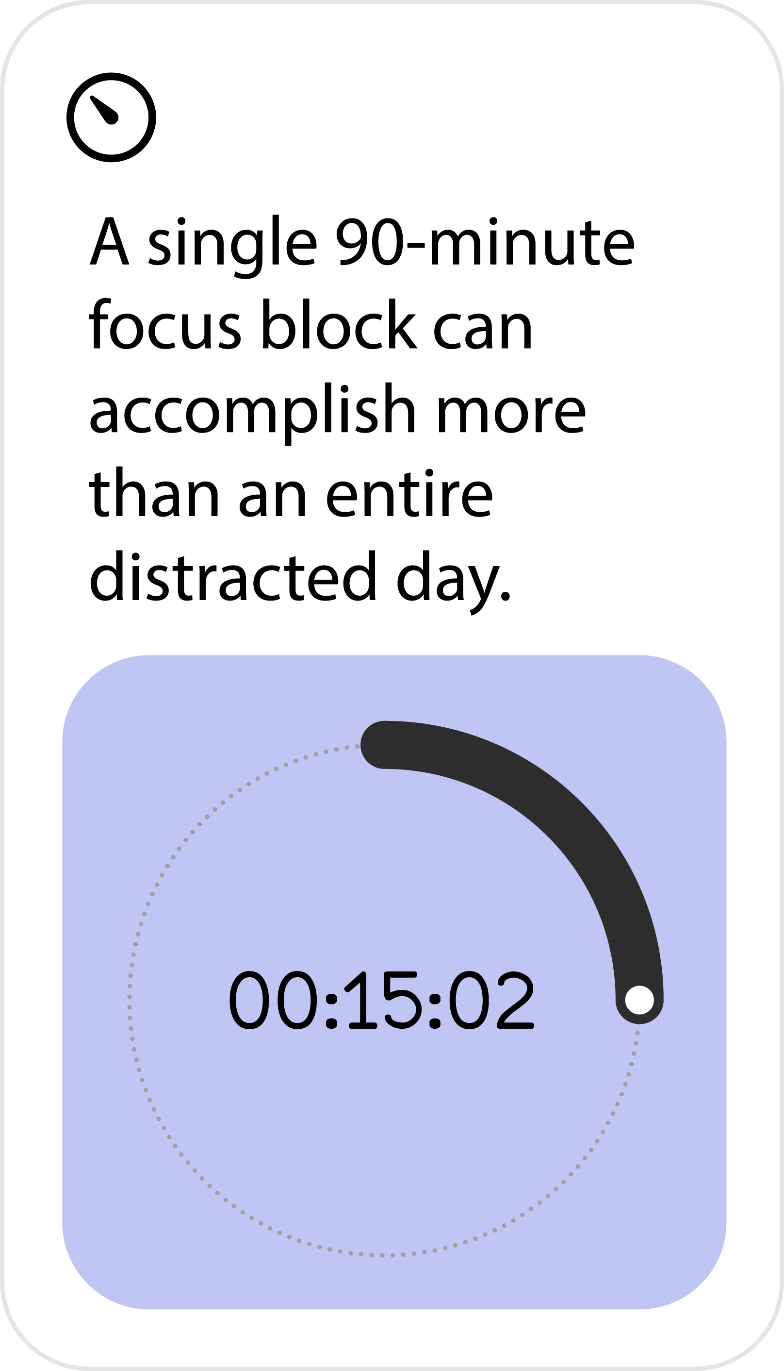 Screenshot of the Qeap app’s 90-minute visual timer designed to boost focus and create urgency.