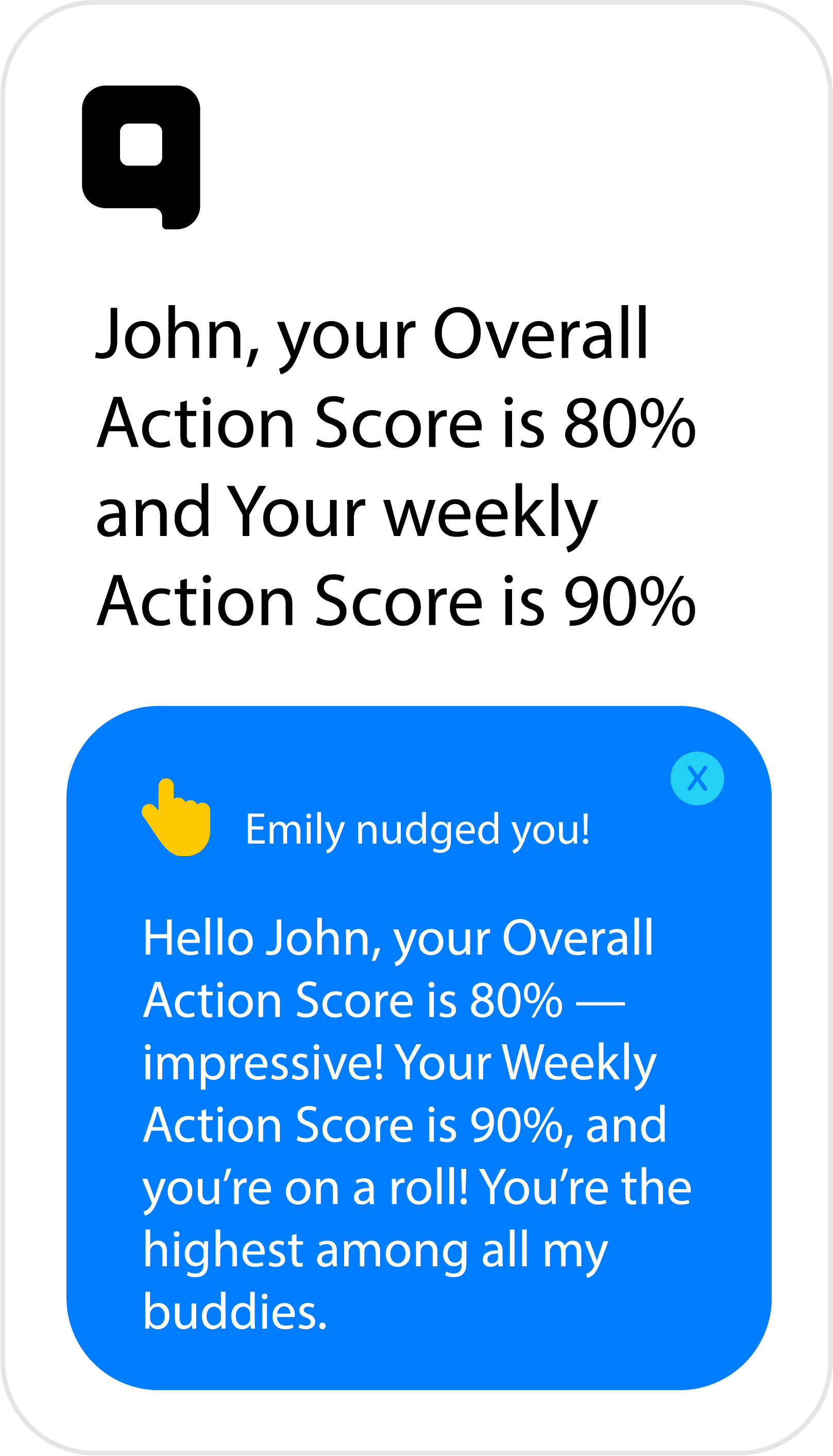 Screenshot of the Qeap app showing a user’s Overall Action Score of 80% and Weekly Action Score of 90%, along with a nudge me