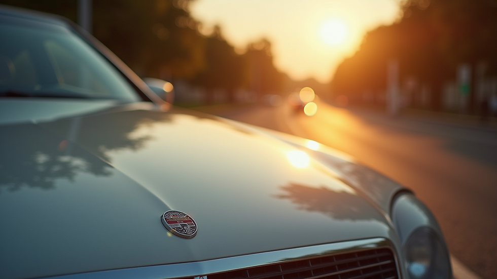 Close-up view of a shiny car hood reflecting sunlight