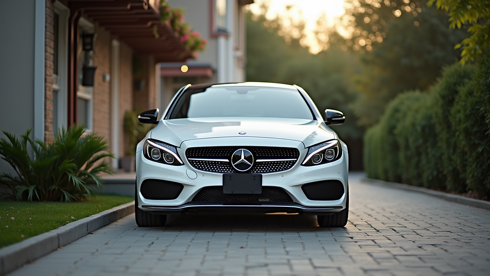 Eye-level view of a clean car parked in a residential driveway
