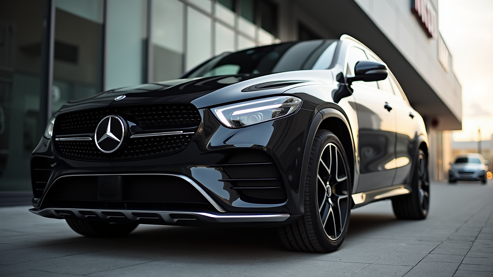 Eye-level view of a sleek black car parked outside with a glossy finish