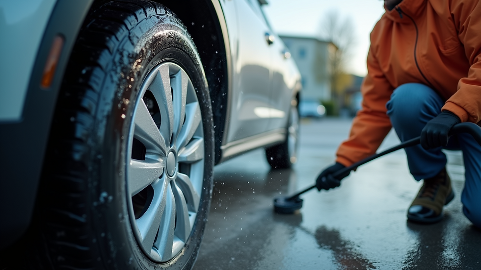 Close-up view of a mobile car wash professional cleaning a car tire
