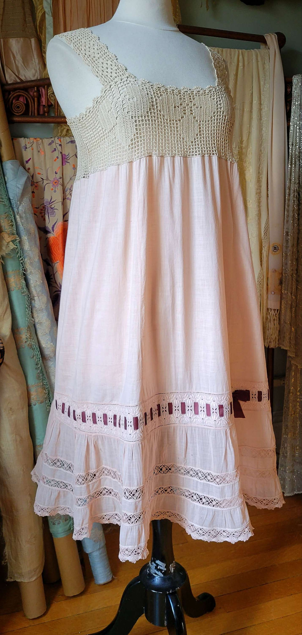 Thumbnail: Pale Pink Chemise Dress With Crochet Yoke 