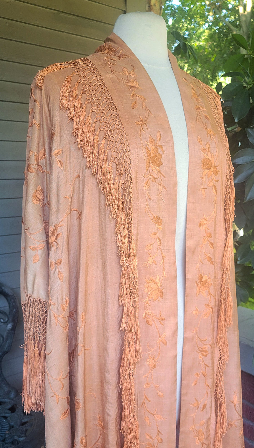 Thumbnail: 1910s Apricot Silk Tassle Fringe Shawl