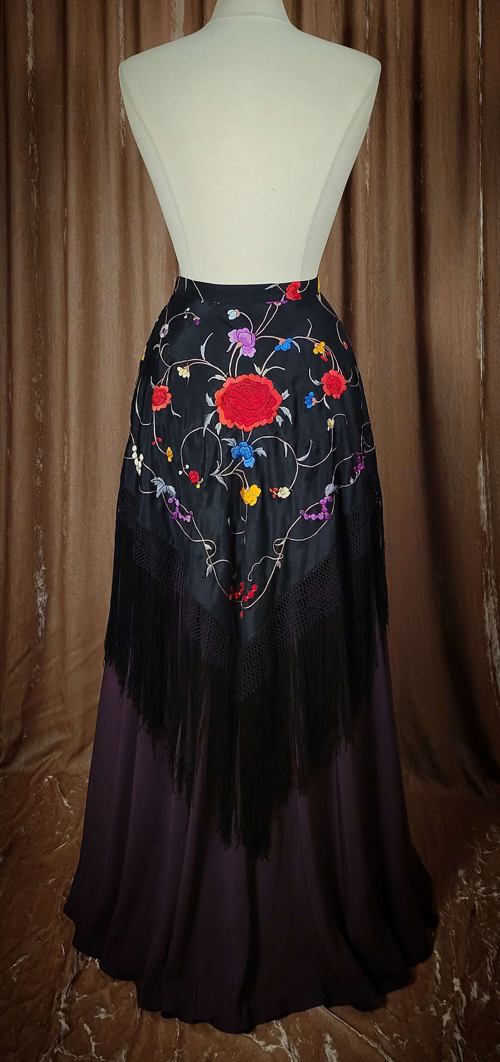 Thumbnail: Black and Colorful Florals Fringed Silk Shawl Skirt