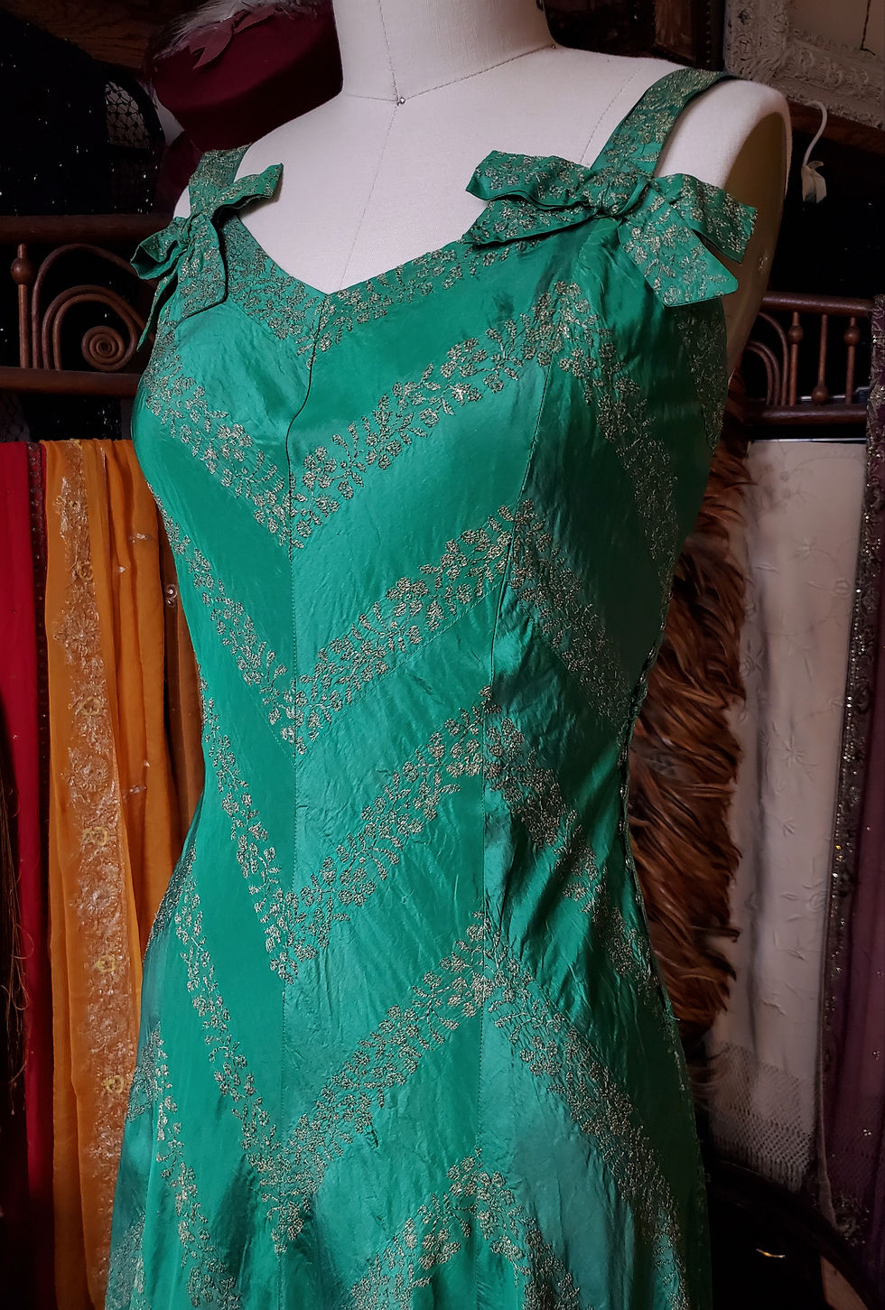 Thumbnail: Green Metallic Silk 1930s Vintage Fashion Originators Guild Dress
