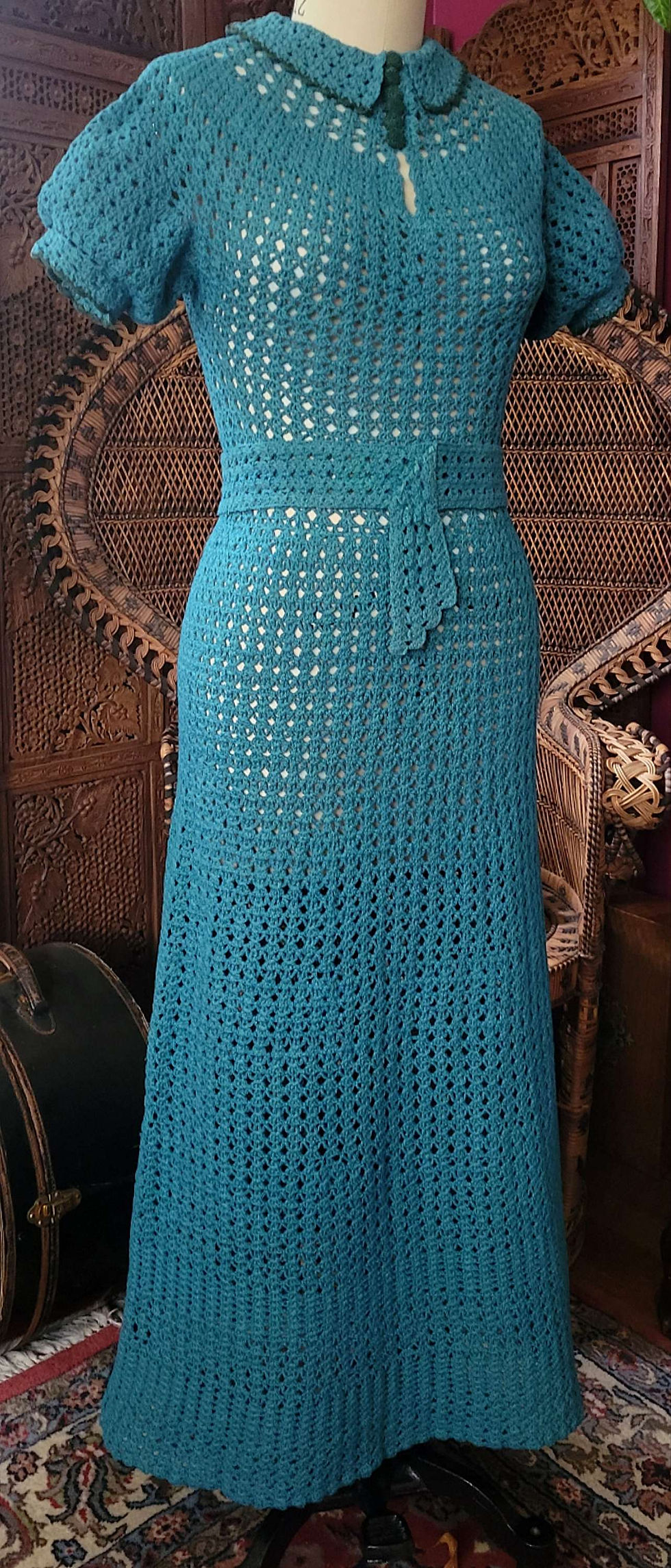 Thumbnail: 1930s Teal Crochet Dress